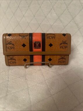 MCM Cognac Monogram Clutch with Orange and Brown Center Stripe